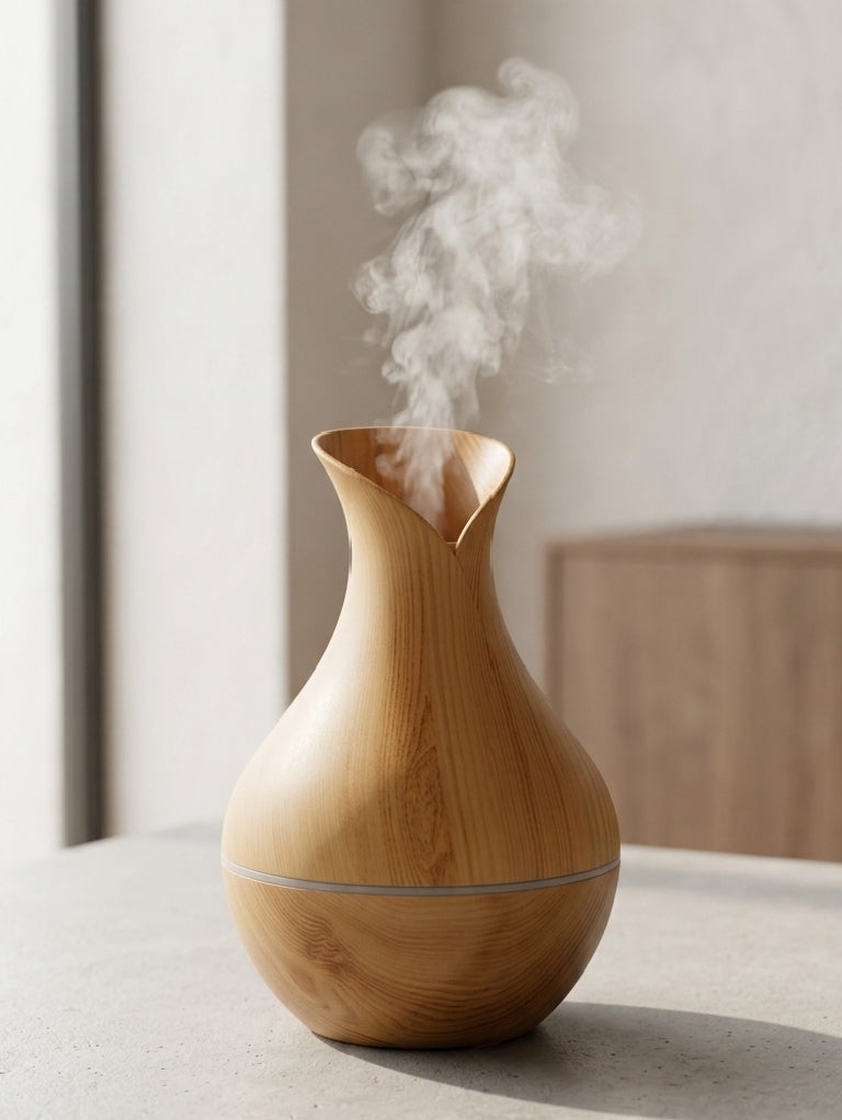 Wood Vase Humidifier | Ultrasonic Air Diffuser | LED Ambient Light | Decorative Mist Diffuser