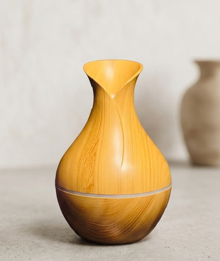 Wood Vase Humidifier | Ultrasonic Air Diffuser | LED Ambient Light | Decorative Mist Diffuser